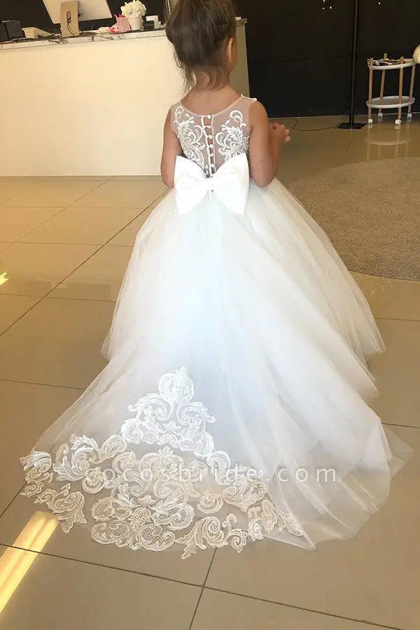 BABYONLINE Long Sleeve Flower Girl Dresses For Wedding Guest Kids Bridesmaid With Bow White Ivory Lace Tulle First Communion