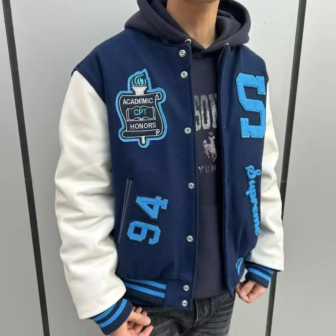 American retro high street baseball jacket embroidered jacket for both men and women, vibe style slim Uniform  coat
