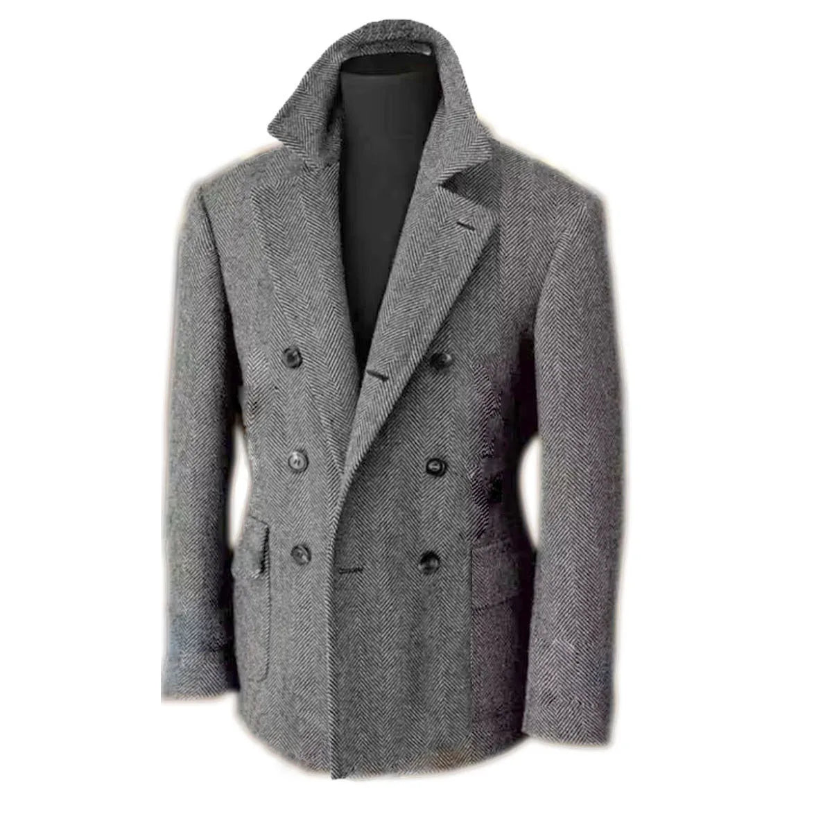 British Men's Blazers Vintage Herringbone Tweed Formal Jacket Wool Blend Double Breasted Casual Autumn Winter Suit Coat