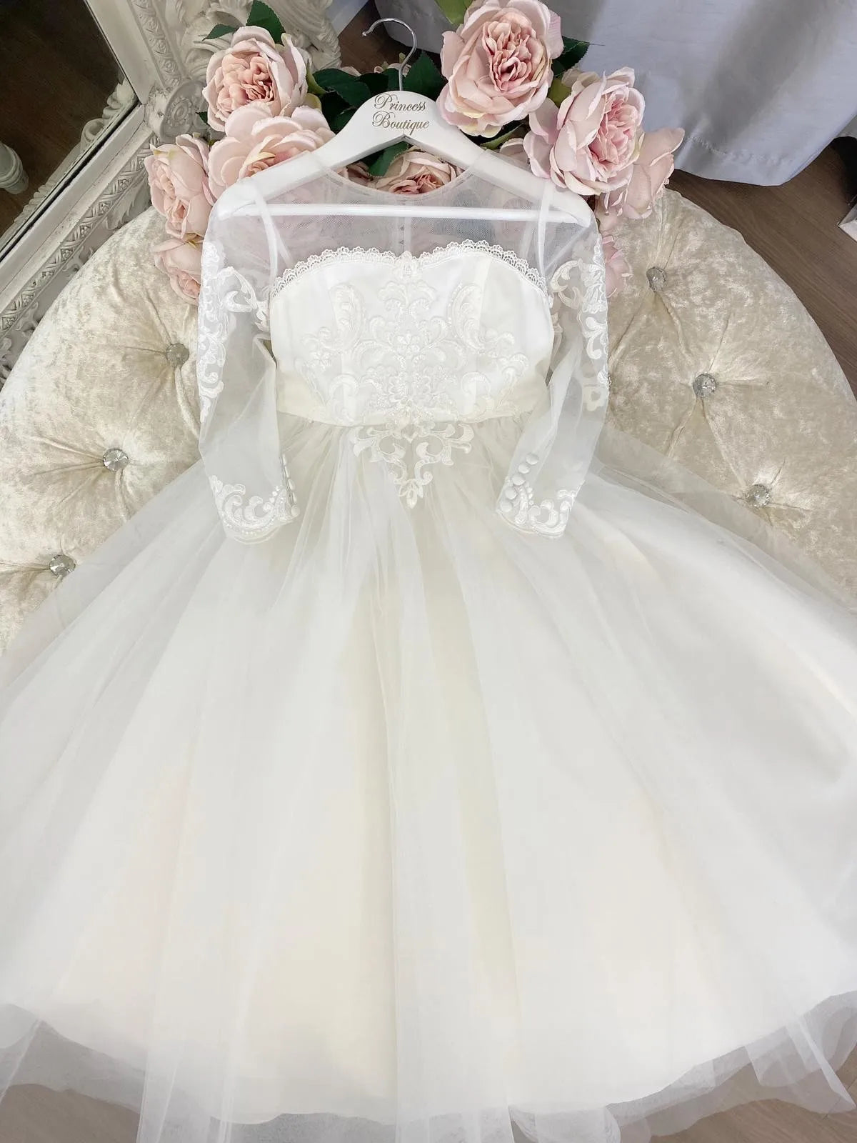 BABYONLINE Long Sleeve Flower Girl Dresses For Wedding Guest Kids Bridesmaid With Bow White Ivory Lace Tulle First Communion