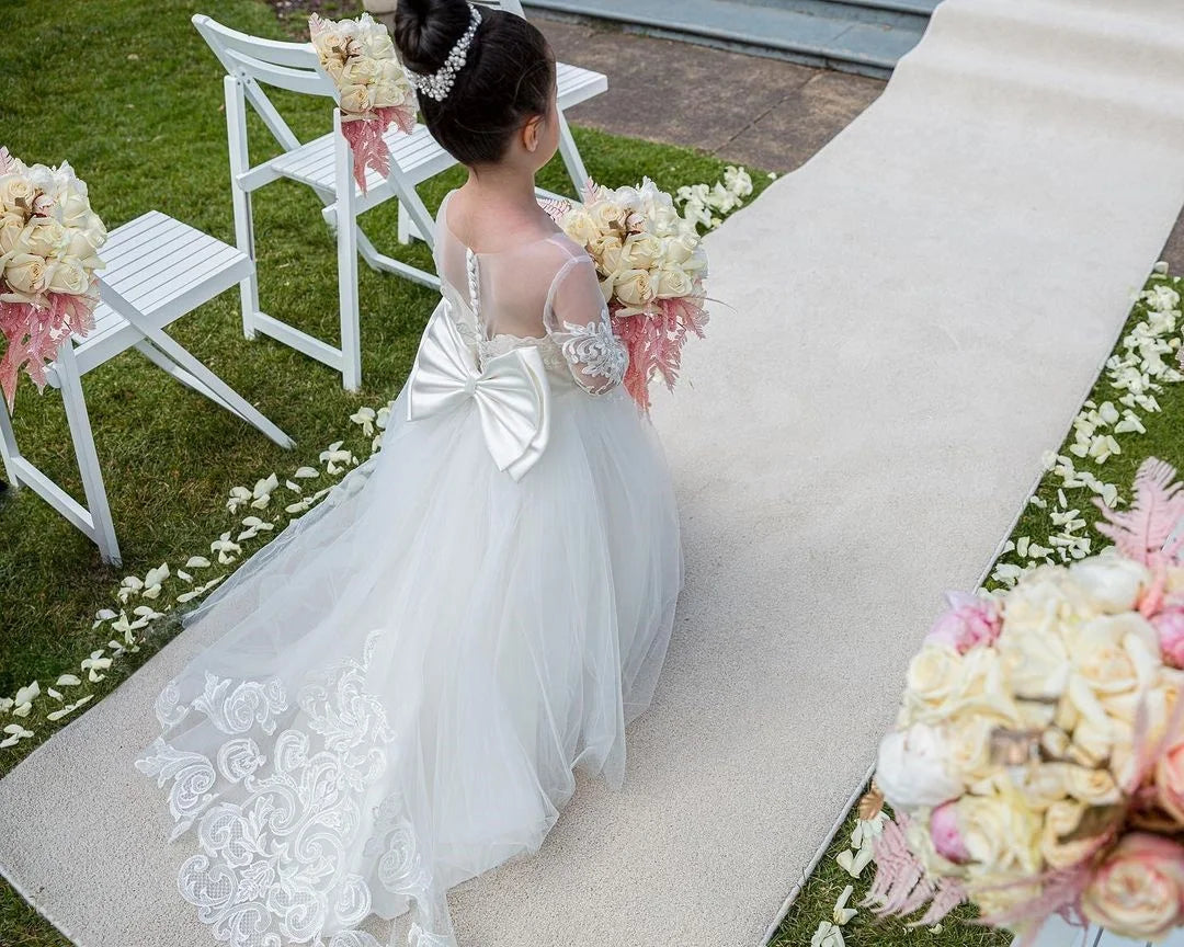 BABYONLINE Long Sleeve Flower Girl Dresses For Wedding Guest Kids Bridesmaid With Bow White Ivory Lace Tulle First Communion