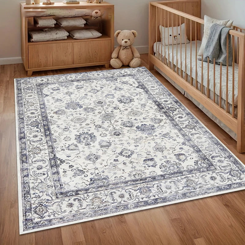 A Area Rug Carpet Non Slip Vintage Blue Persian Floral Floor Mat for Nursery Bedroom Living Room Kids Room Home Decor Dorm Gift