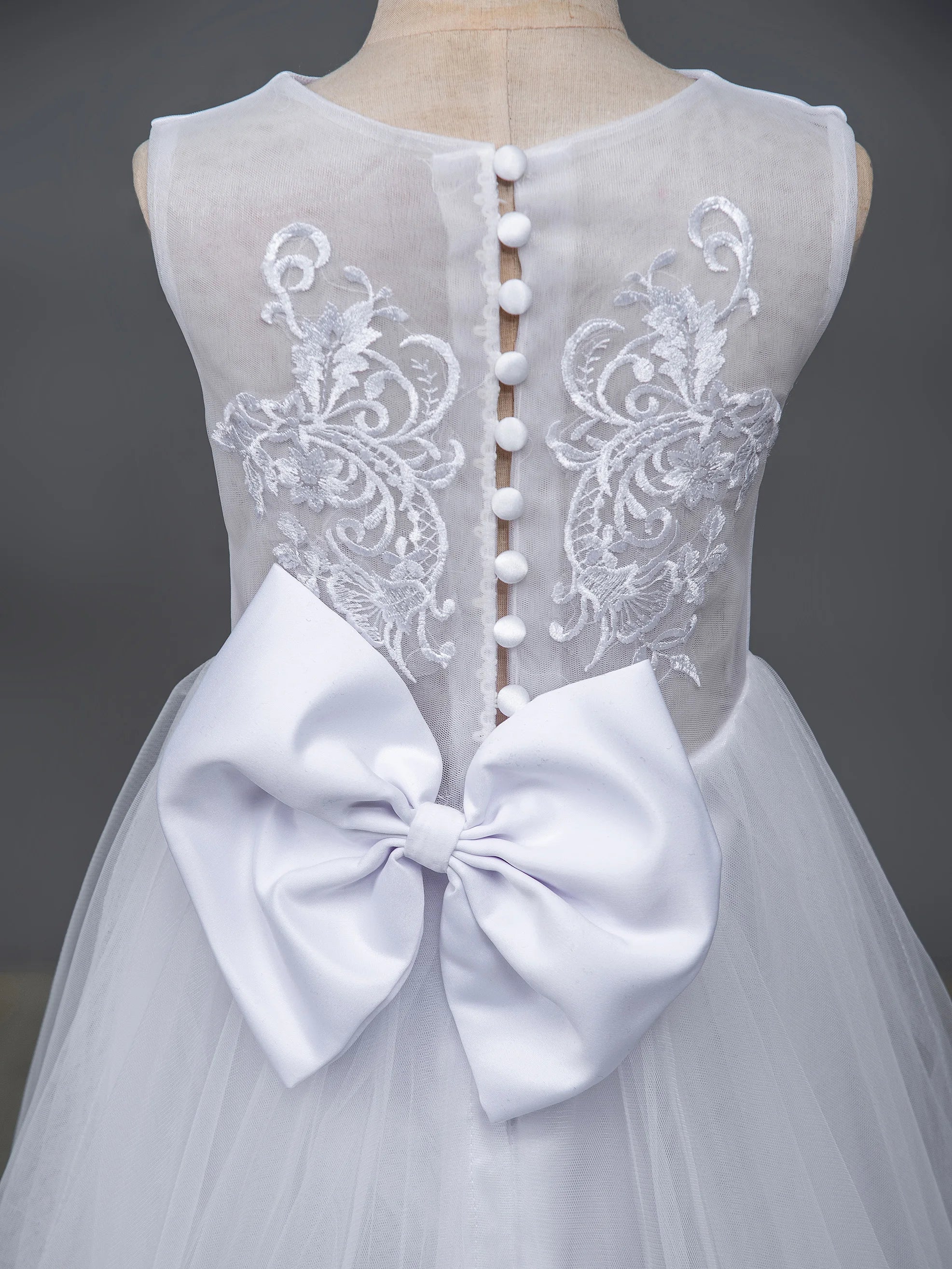 BABYONLINE Long Sleeve Flower Girl Dresses For Wedding Guest Kids Bridesmaid With Bow White Ivory Lace Tulle First Communion