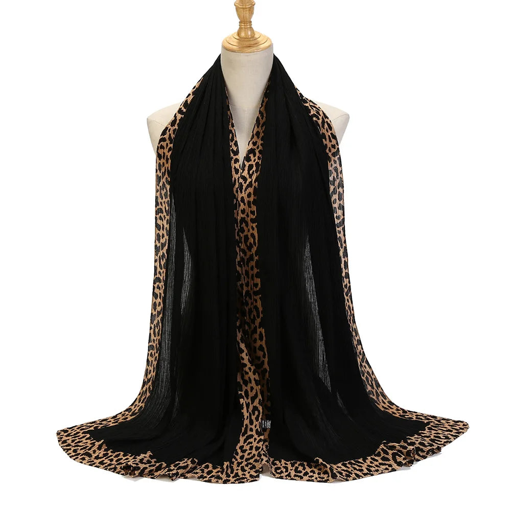 New Pleated Cotton Scarf Leopard Print Hijab Islamic Solid Headscarf Crinkle Hijab Foulard Femme Musulman Wrap