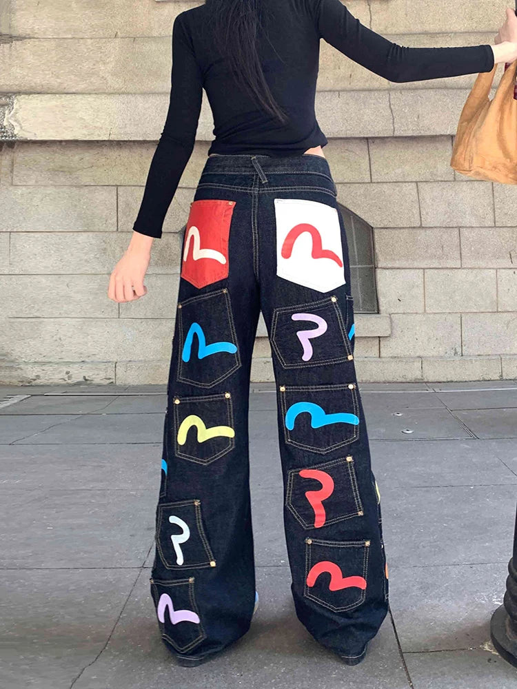 REDDACHiC Hiphop Trendy Cargo Jeans Women Plus Size Colorful Graffiti Multi-pocket Wide Leg Pants Vintage Boyfriend Streetwear