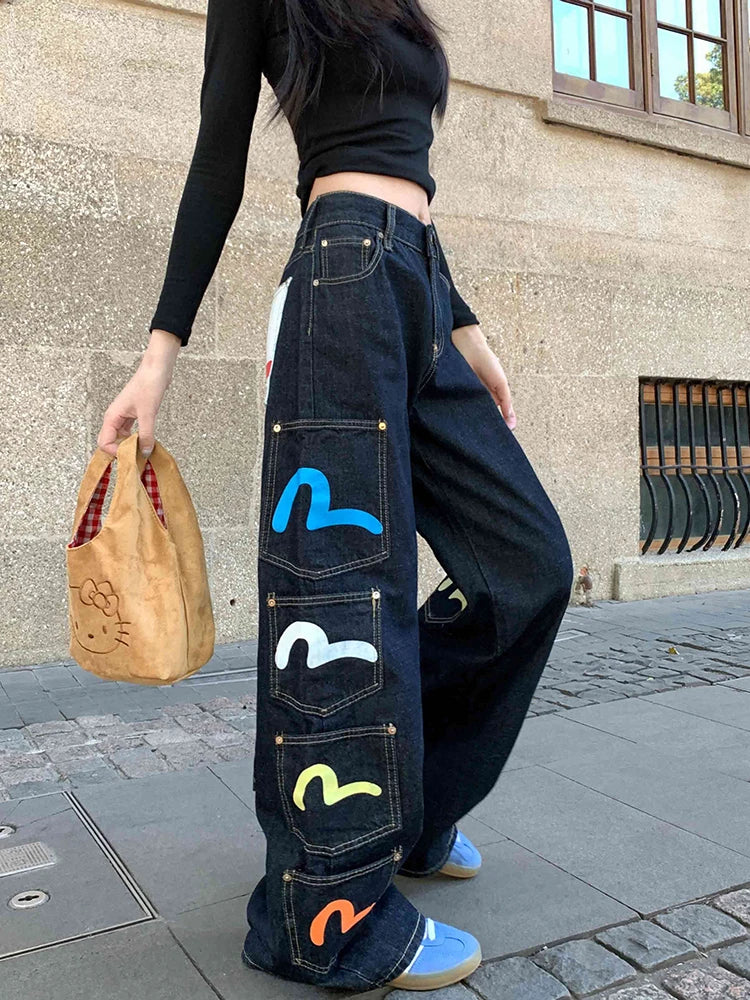 REDDACHiC Hiphop Trendy Cargo Jeans Women Plus Size Colorful Graffiti Multi-pocket Wide Leg Pants Vintage Boyfriend Streetwear