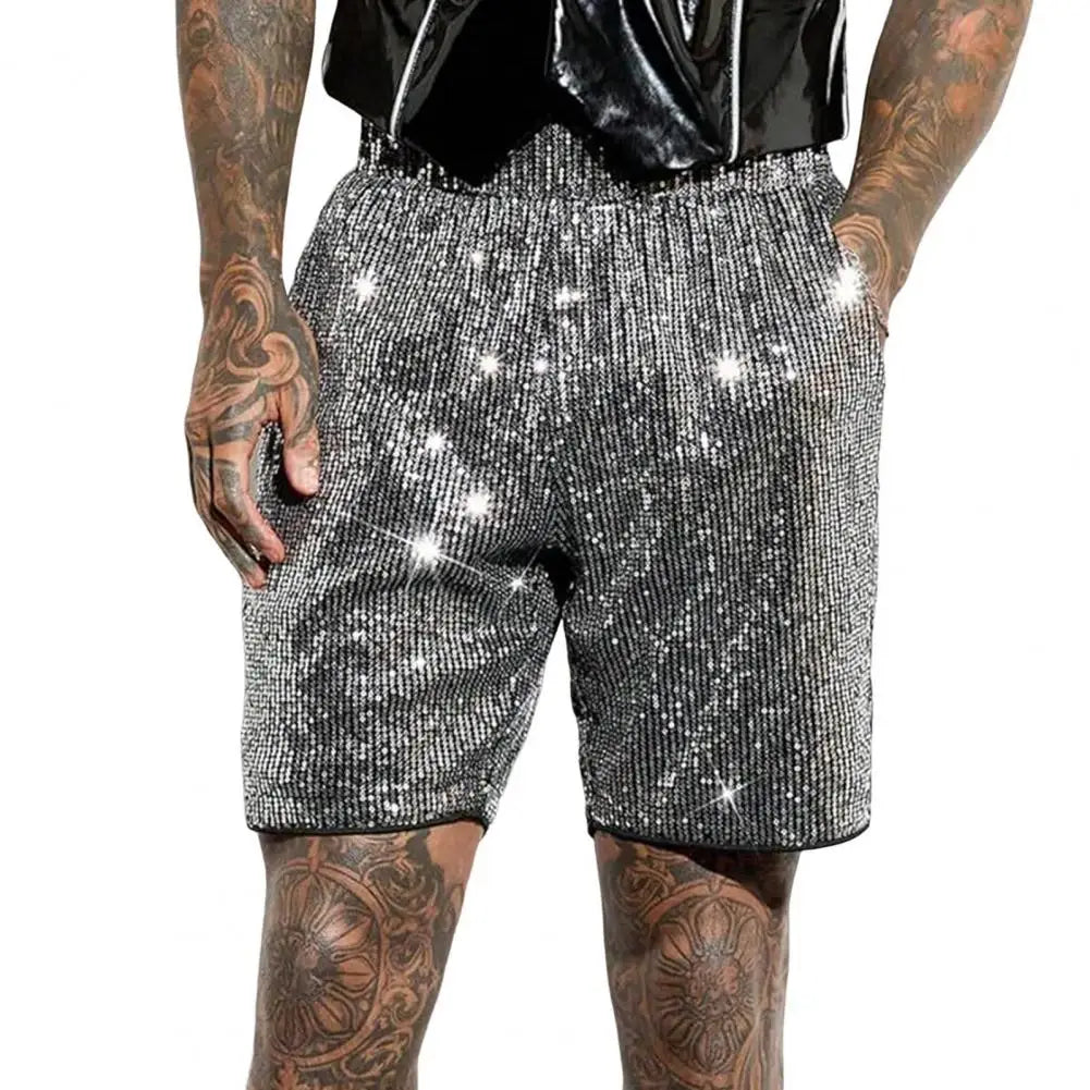 Men Casual Shorts Mid-rise Elastic Waist Knee Length Shorts with Pockets Shiny Sequins Loose Fit Shorts
