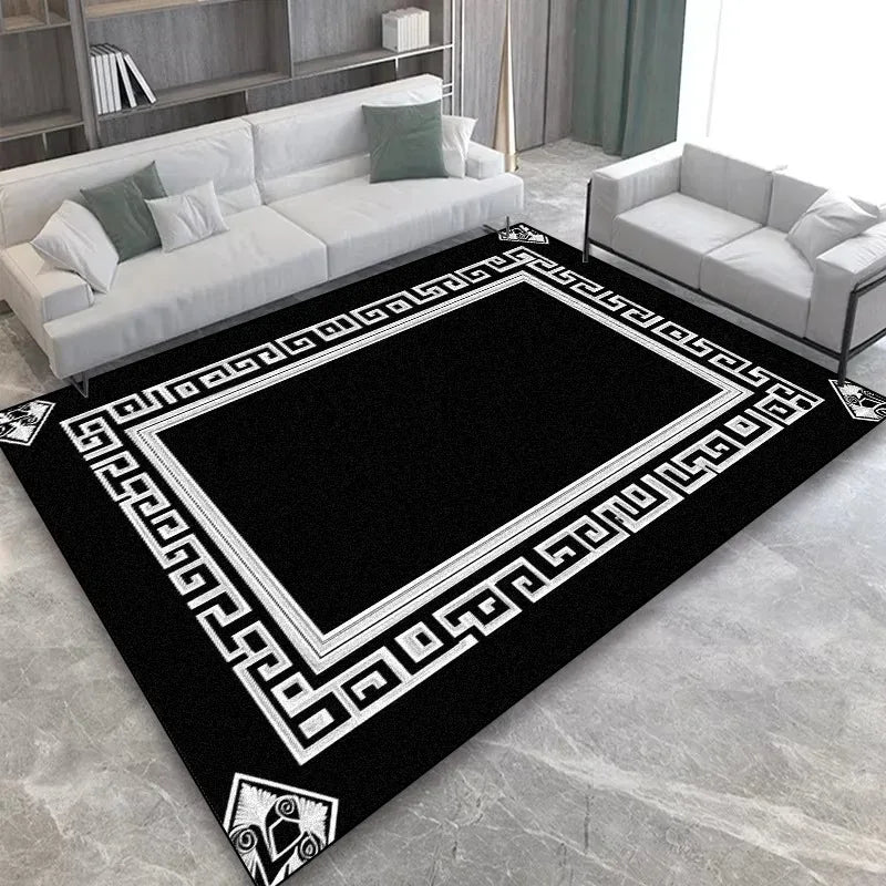 Luxury Black Gold Greek Key Area Rug Nordic Geometric Carpet for Living Room Bedroom Non-Slip Washable Floor Mat