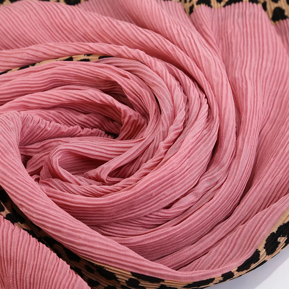 New Pleated Cotton Scarf Leopard Print Hijab Islamic Solid Headscarf Crinkle Hijab Foulard Femme Musulman Wrap