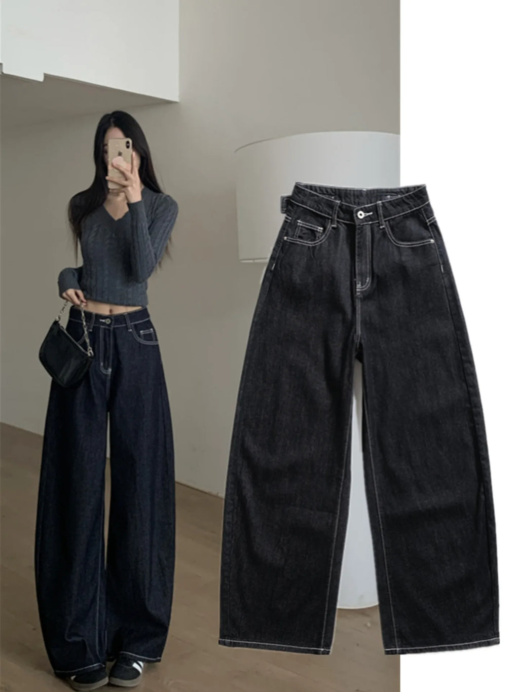 American Retro Wide Leg Pants Loose Fit Original Color Denim Loose Trousers High Street Drapey Silhouette Straight Jeans