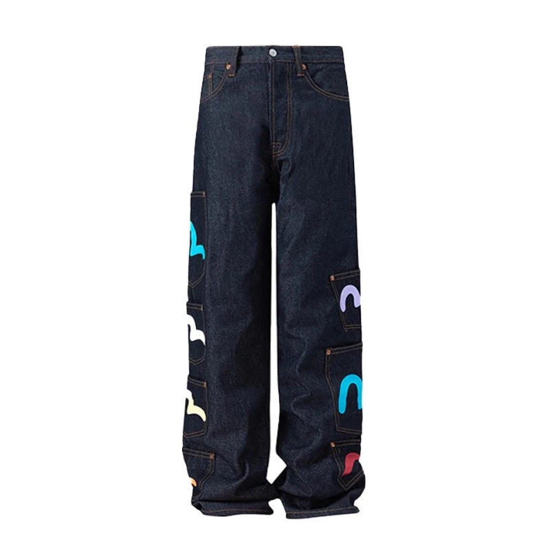 REDDACHiC Hiphop Trendy Cargo Jeans Women Plus Size Colorful Graffiti Multi-pocket Wide Leg Pants Vintage Boyfriend Streetwear
