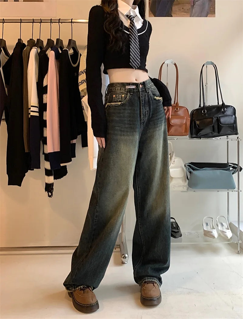 Women's New High-waisted Slimming Straight-leg Loose-fit Vintage American Style Casual Jeans Bell Bottoms For Women