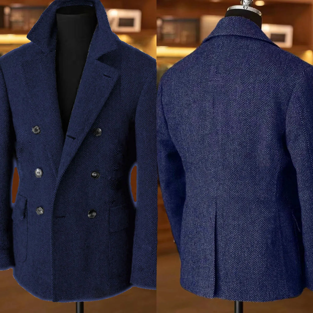 British Men's Blazers Vintage Herringbone Tweed Formal Jacket Wool Blend Double Breasted Casual Autumn Winter Suit Coat