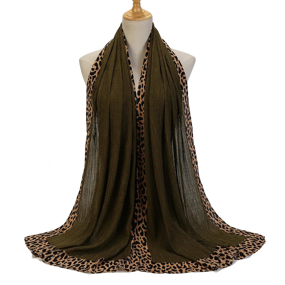 New Pleated Cotton Scarf Leopard Print Hijab Islamic Solid Headscarf Crinkle Hijab Foulard Femme Musulman Wrap
