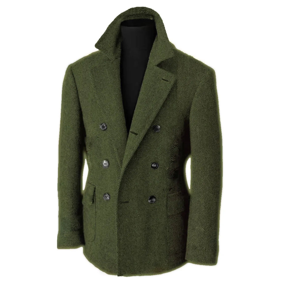 British Men's Blazers Vintage Herringbone Tweed Formal Jacket Wool Blend Double Breasted Casual Autumn Winter Suit Coat