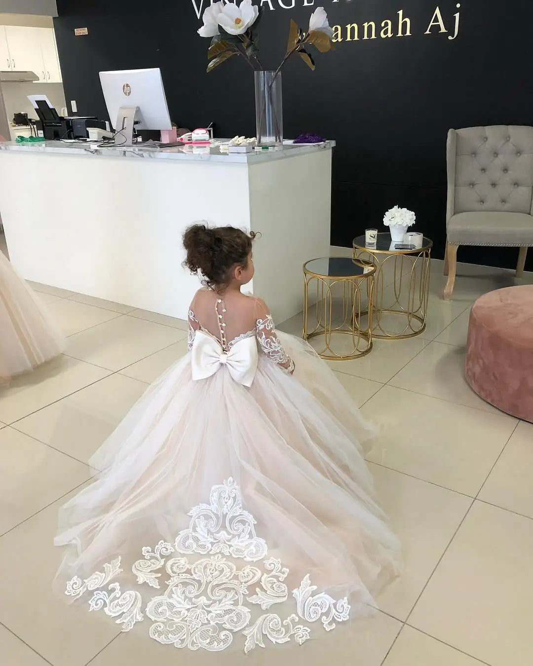 BABYONLINE Long Sleeve Flower Girl Dresses For Wedding Guest Kids Bridesmaid With Bow White Ivory Lace Tulle First Communion