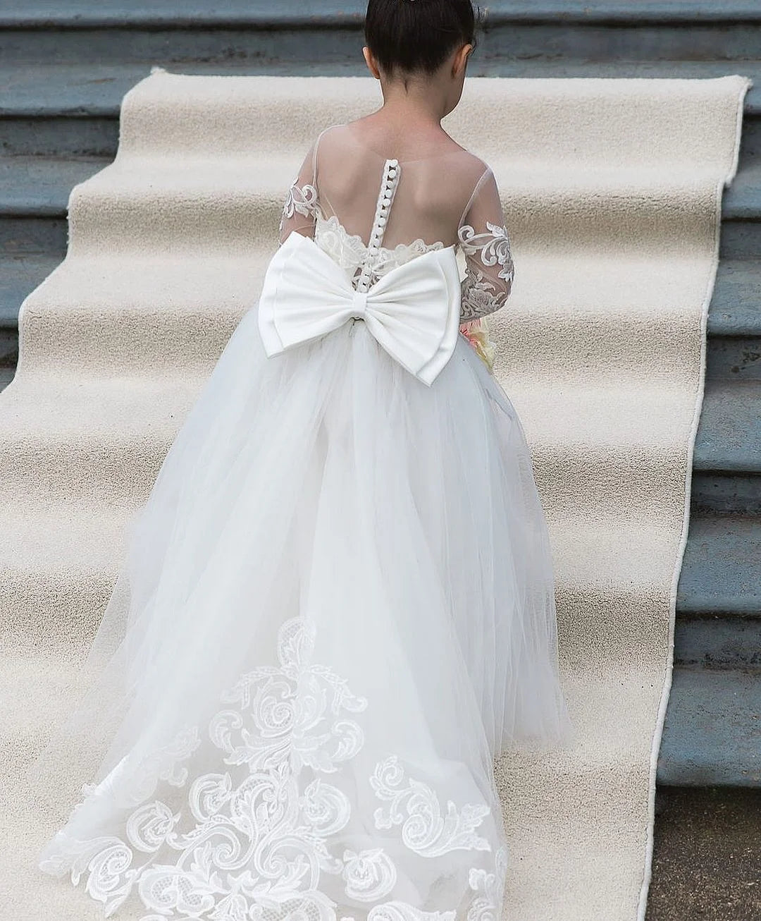 BABYONLINE Long Sleeve Flower Girl Dresses For Wedding Guest Kids Bridesmaid With Bow White Ivory Lace Tulle First Communion