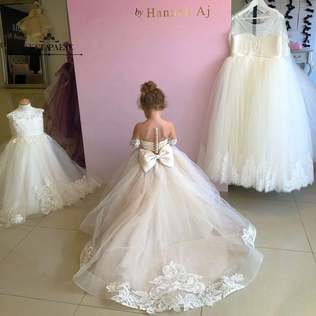 BABYONLINE Long Sleeve Flower Girl Dresses For Wedding Guest Kids Bridesmaid With Bow White Ivory Lace Tulle First Communion