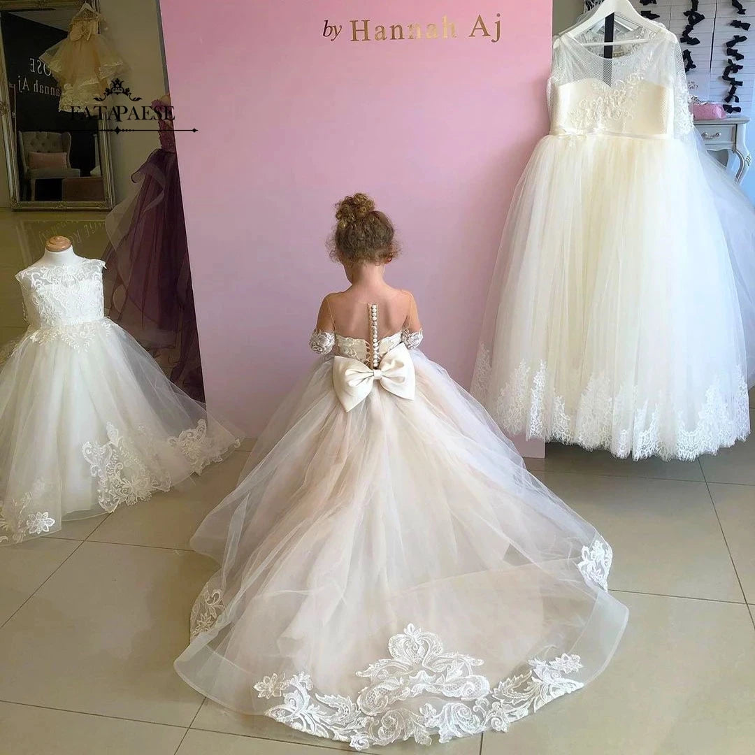 BABYONLINE Long Sleeve Flower Girl Dresses For Wedding Guest Kids Bridesmaid With Bow White Ivory Lace Tulle First Communion