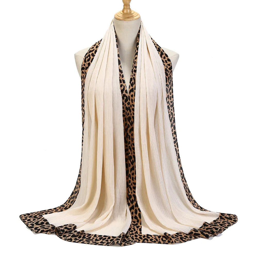 New Pleated Cotton Scarf Leopard Print Hijab Islamic Solid Headscarf Crinkle Hijab Foulard Femme Musulman Wrap