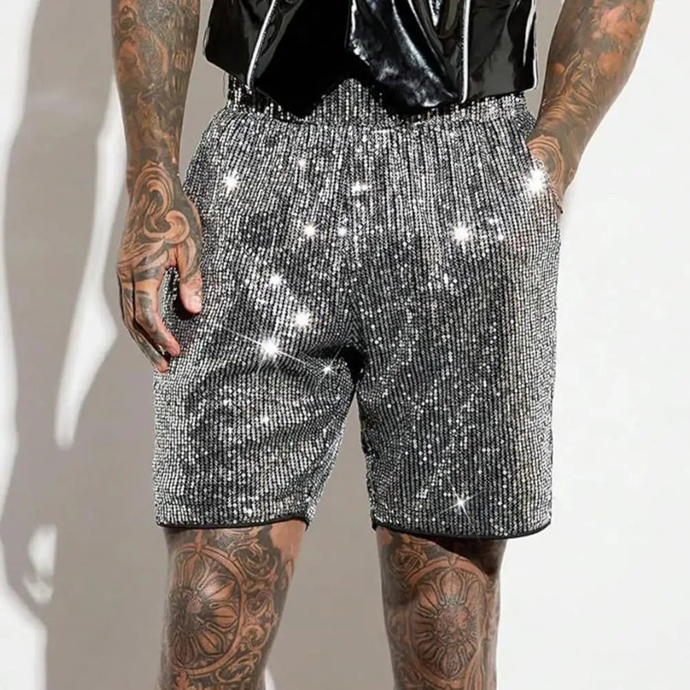 Men Casual Shorts Mid-rise Elastic Waist Knee Length Shorts with Pockets Shiny Sequins Loose Fit Shorts