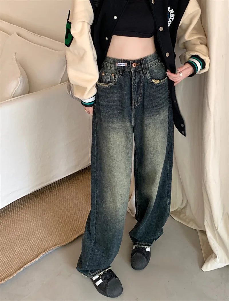 Women's New High-waisted Slimming Straight-leg Loose-fit Vintage American Style Casual Jeans Bell Bottoms For Women