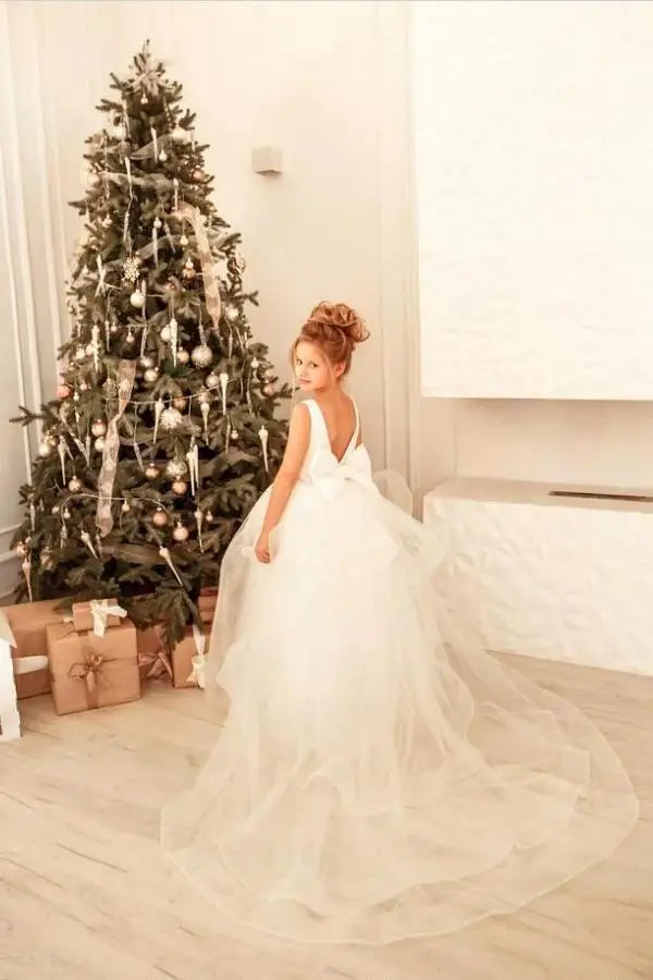 BABYONLINE Long Sleeve Flower Girl Dresses For Wedding Guest Kids Bridesmaid With Bow White Ivory Lace Tulle First Communion