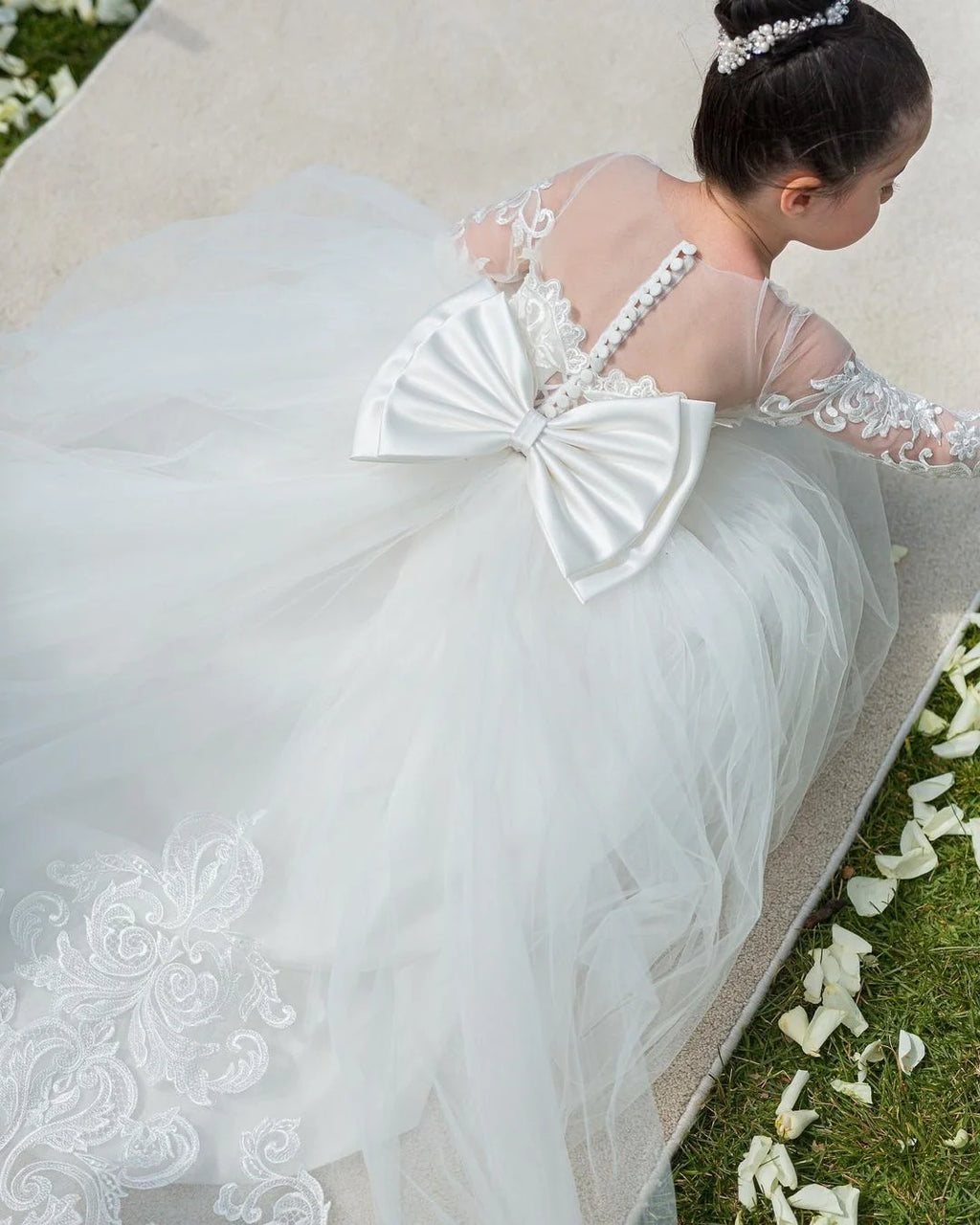 BABYONLINE Long Sleeve Flower Girl Dresses For Wedding Guest Kids Bridesmaid With Bow White Ivory Lace Tulle First Communion