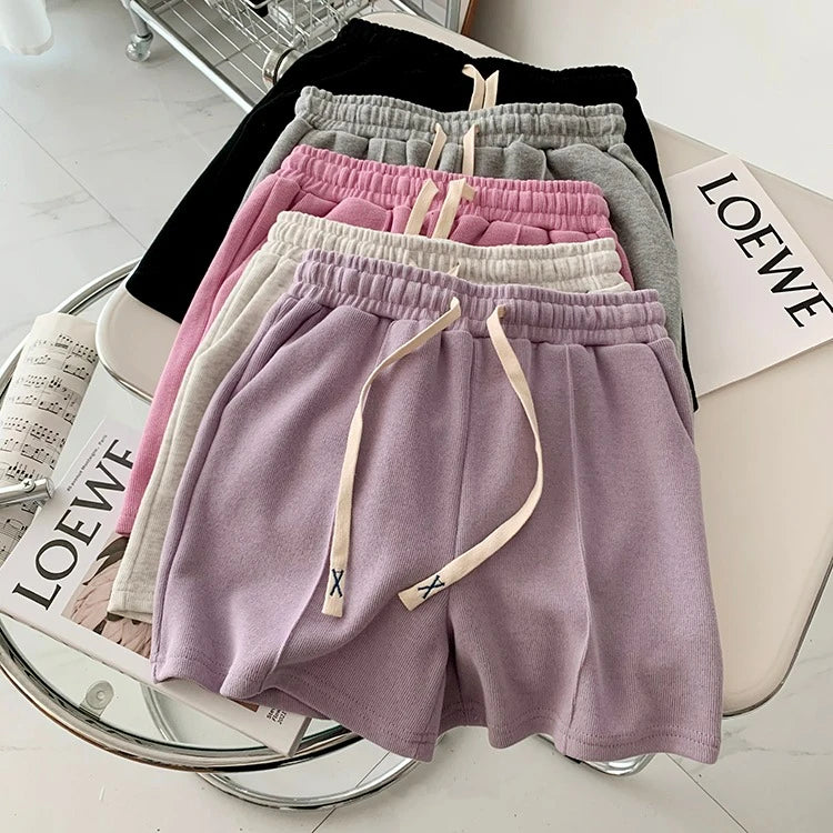 Summer Shorts Women Elasticity Lovely Girls Korean Style Sweet Students Harajuku Simple Pure Gray Oversize Trousers Female 2026
