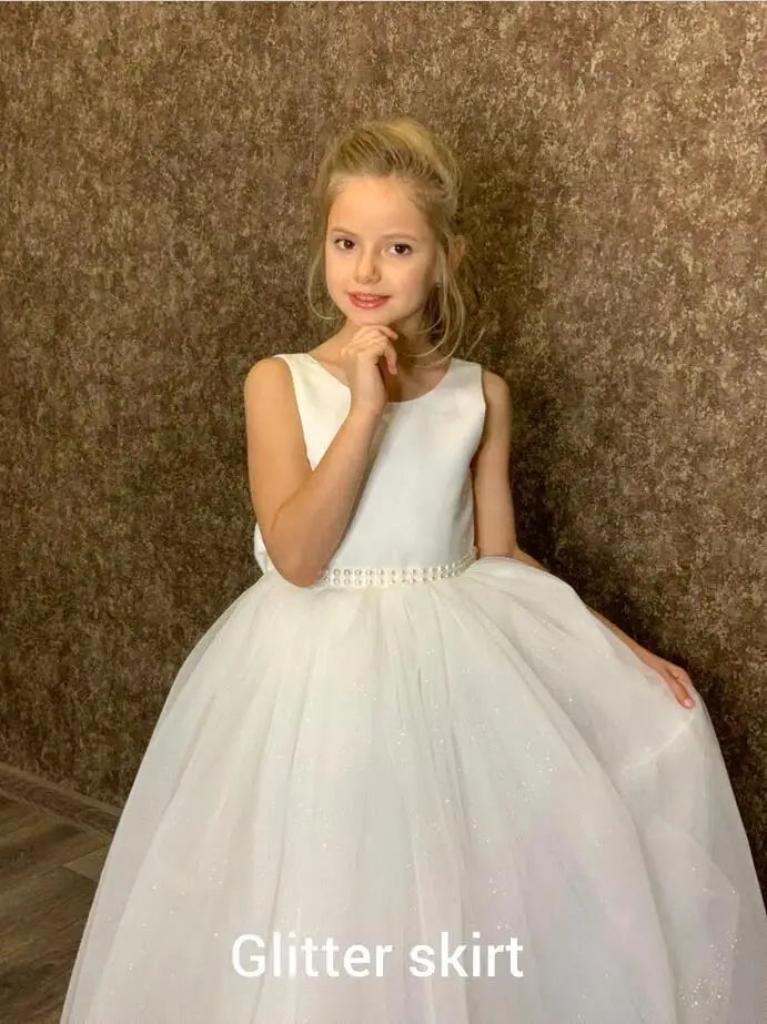 BABYONLINE Long Sleeve Flower Girl Dresses For Wedding Guest Kids Bridesmaid With Bow White Ivory Lace Tulle First Communion