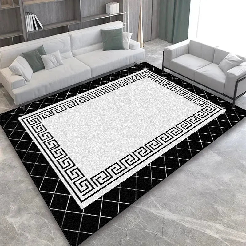 Luxury Black Gold Greek Key Area Rug Nordic Geometric Carpet for Living Room Bedroom Non-Slip Washable Floor Mat