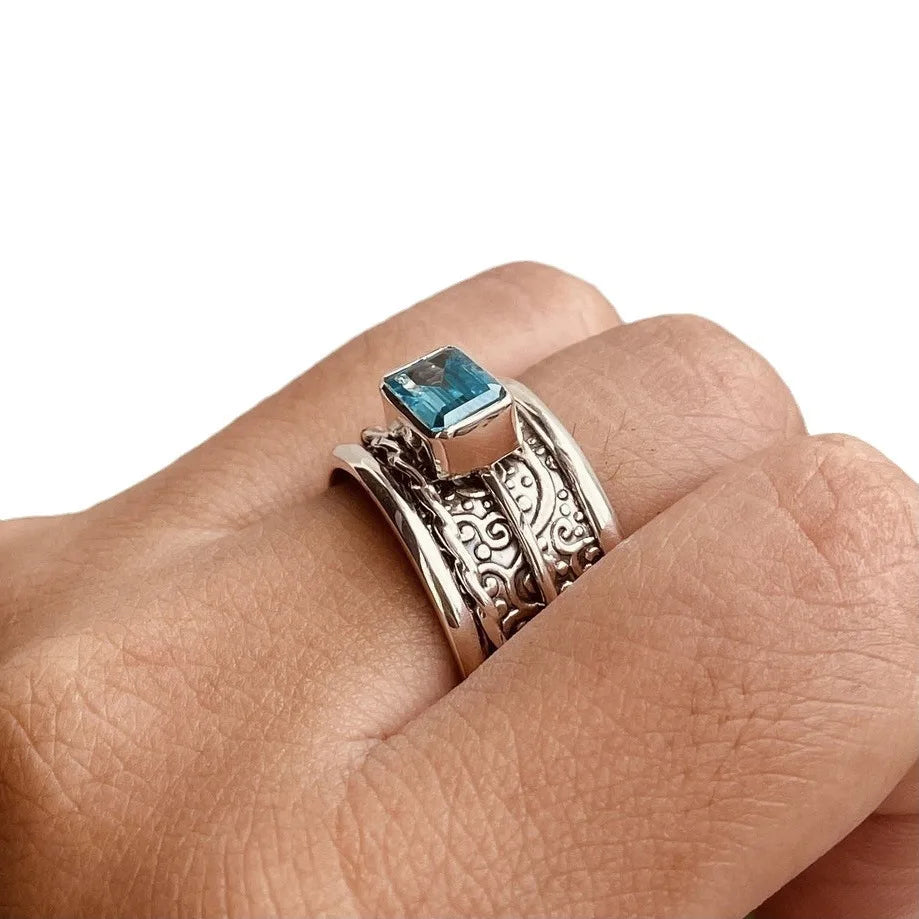 Cross border new TEMU inlaid aquamarine ring European and American jewelry with all the runway hand jewelry