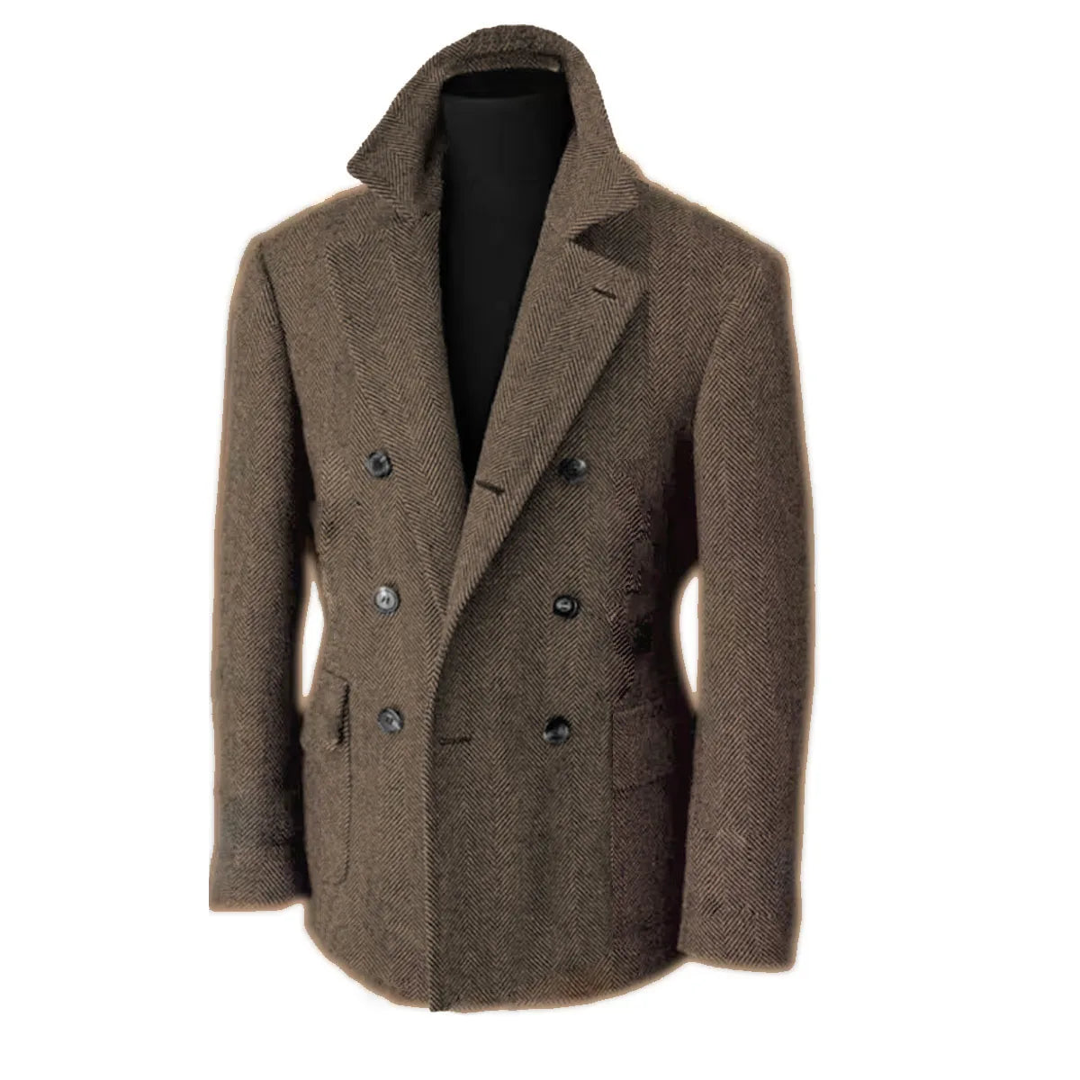 British Men's Blazers Vintage Herringbone Tweed Formal Jacket Wool Blend Double Breasted Casual Autumn Winter Suit Coat