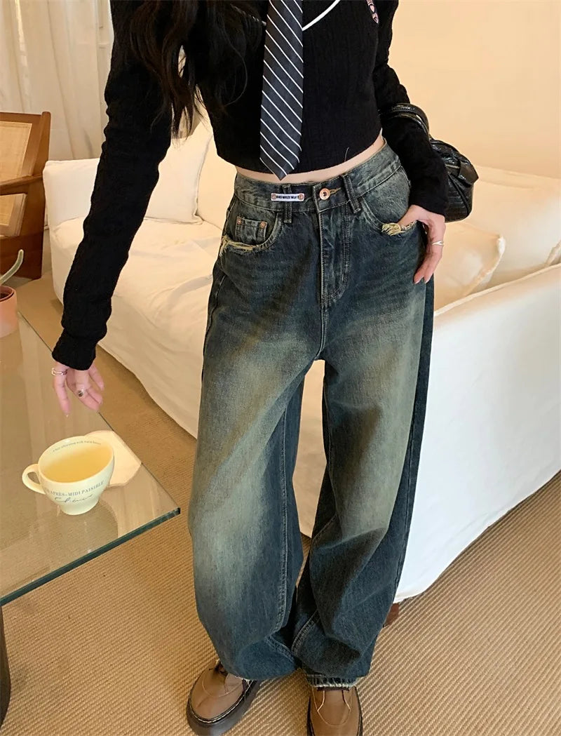 Women's New High-waisted Slimming Straight-leg Loose-fit Vintage American Style Casual Jeans Bell Bottoms For Women
