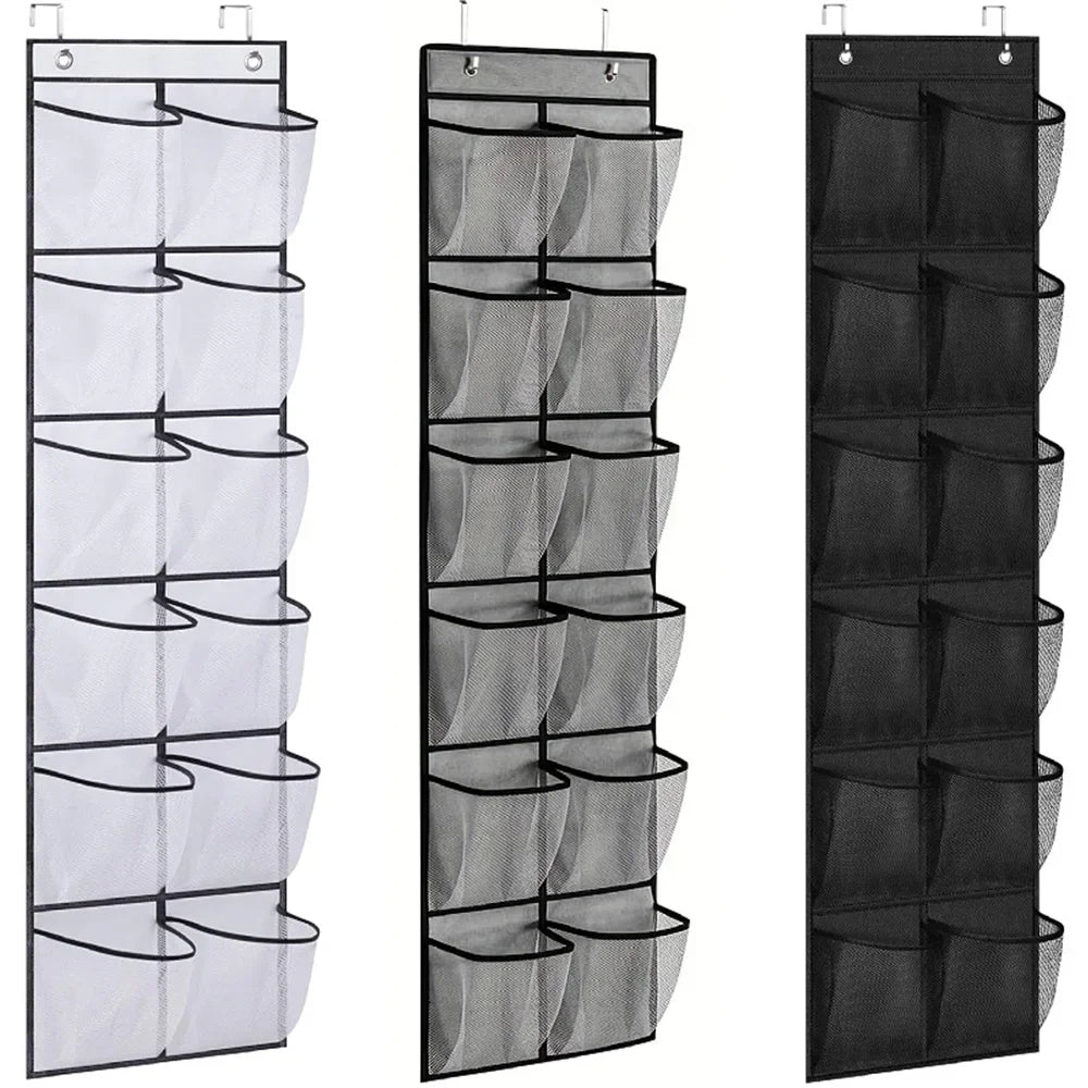 12 Pockets Over the Door Shoe Organizer Large Mesh Pockets With 2 Hooks Transparent Fabric Shoe Rack Storage Bag For Bedroom