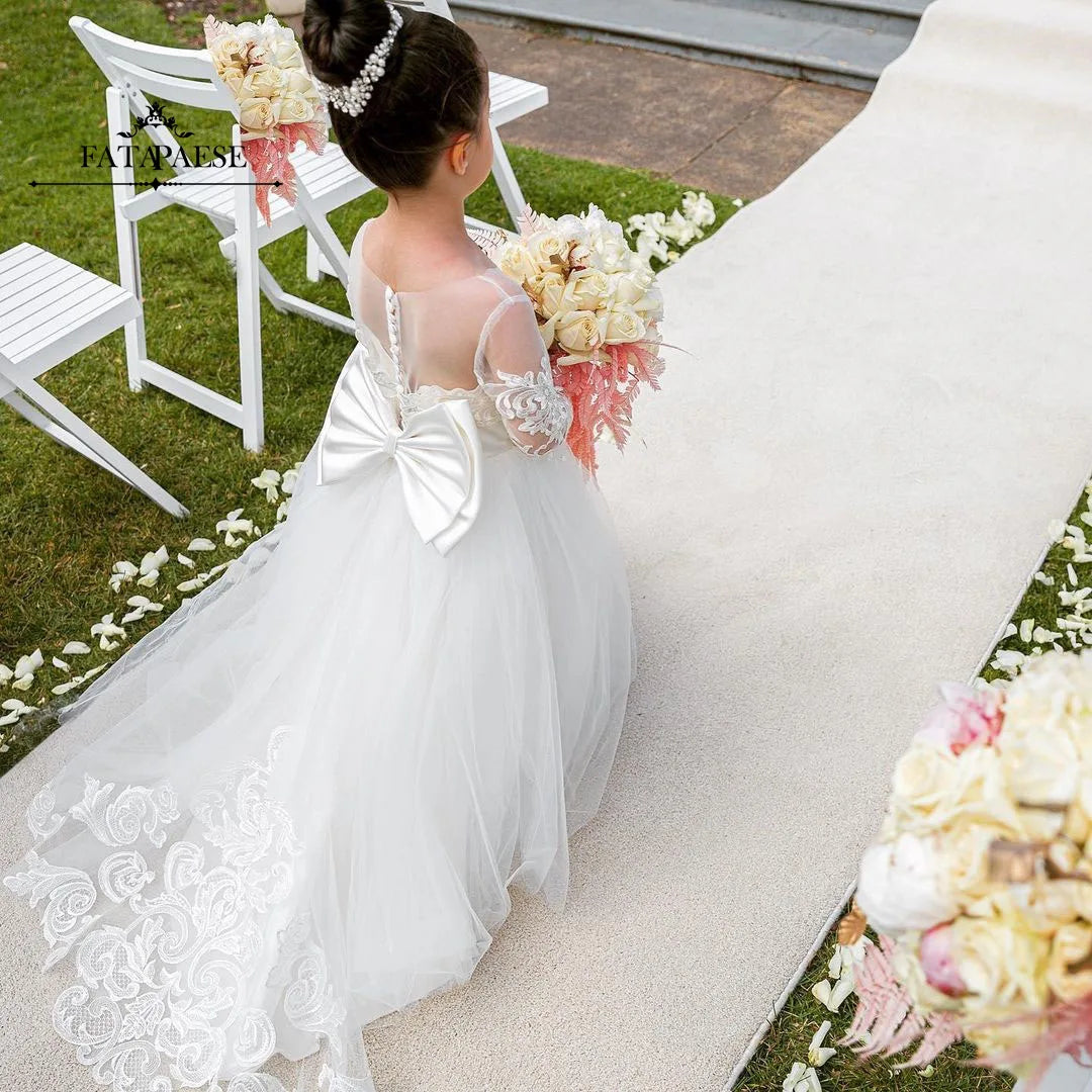 BABYONLINE Long Sleeve Flower Girl Dresses For Wedding Guest Kids Bridesmaid With Bow White Ivory Lace Tulle First Communion
