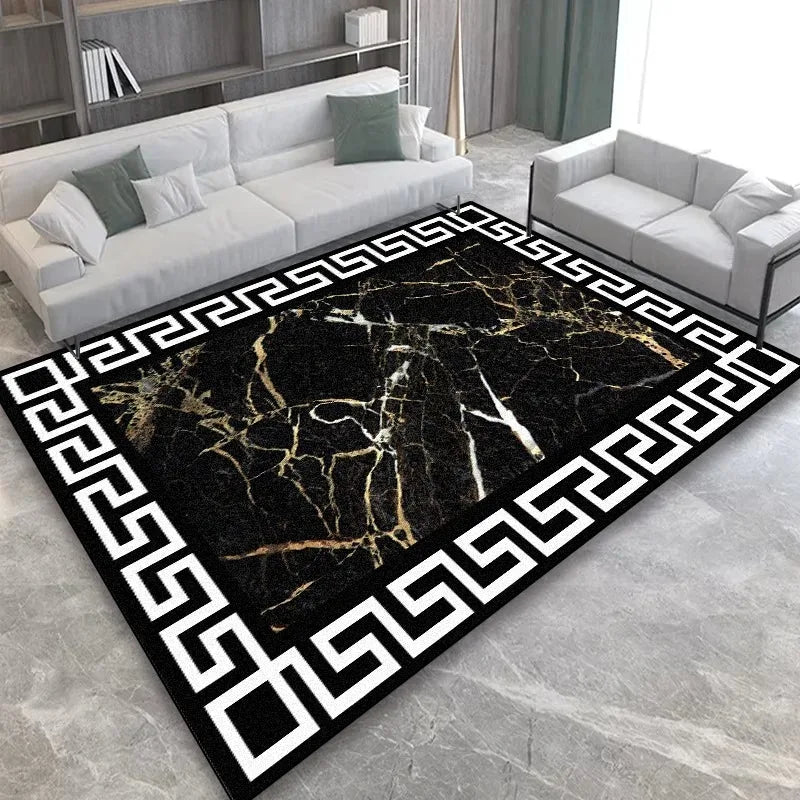 Luxury Black Gold Greek Key Area Rug Nordic Geometric Carpet for Living Room Bedroom Non-Slip Washable Floor Mat