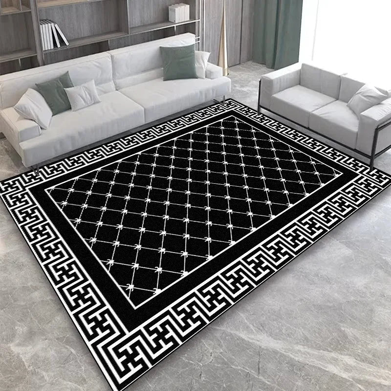 Luxury Black Gold Greek Key Area Rug Nordic Geometric Carpet for Living Room Bedroom Non-Slip Washable Floor Mat