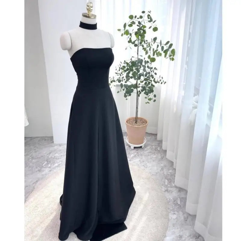 Classic Black Evening Dresses Sexy Strapless Wedding Dresses Elegant Floor-length A-line Simple Bridal Dress Customized