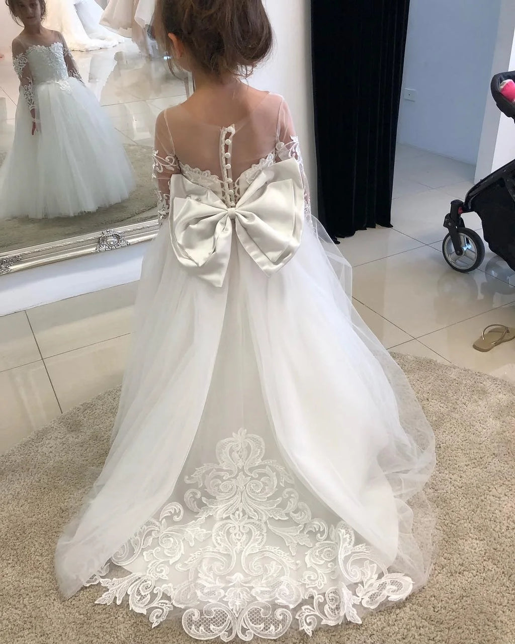 BABYONLINE Long Sleeve Flower Girl Dresses For Wedding Guest Kids Bridesmaid With Bow White Ivory Lace Tulle First Communion