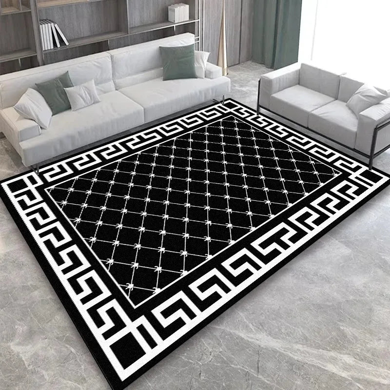 Luxury Black Gold Greek Key Area Rug Nordic Geometric Carpet for Living Room Bedroom Non-Slip Washable Floor Mat