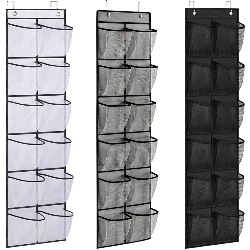12 Pockets Over the Door Shoe Organizer Large Mesh Pockets With 2 Hooks Transparent Fabric Shoe Rack Storage Bag For Bedroom