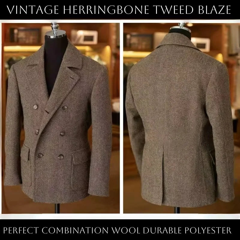 British Men's Blazers Vintage Herringbone Tweed Formal Jacket Wool Blend Double Breasted Casual Autumn Winter Suit Coat