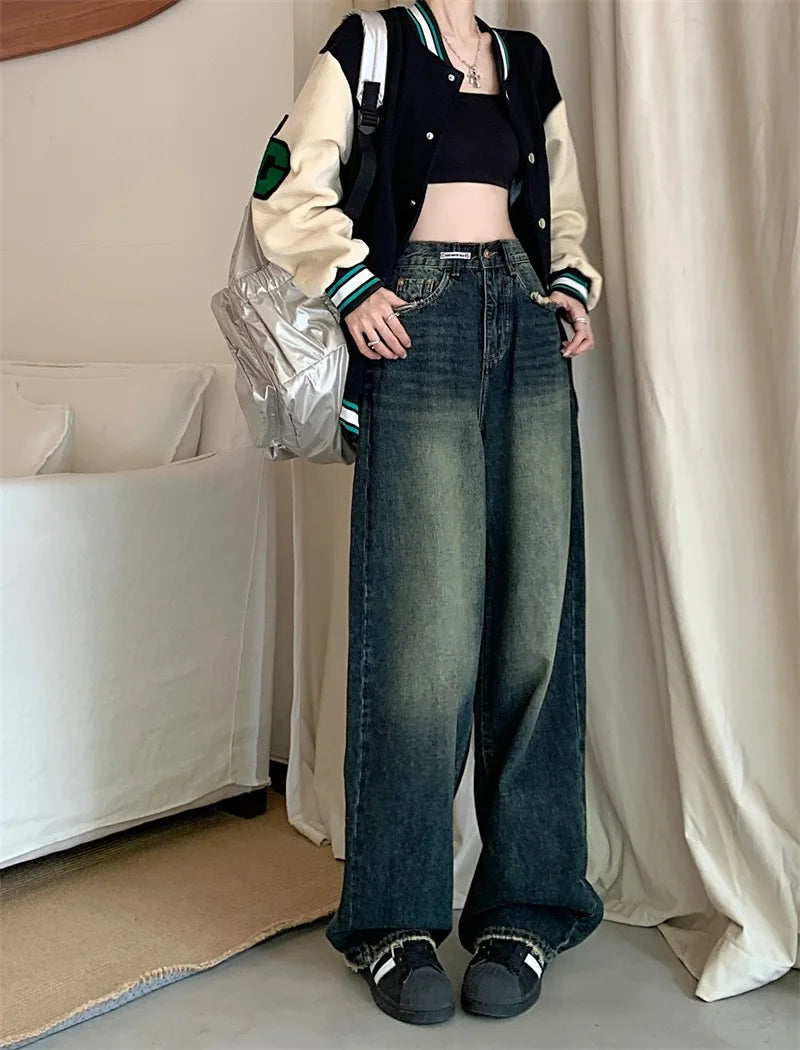 Women's New High-waisted Slimming Straight-leg Loose-fit Vintage American Style Casual Jeans Bell Bottoms For Women