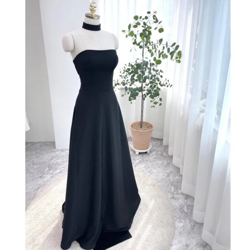 Classic Black Evening Dresses Sexy Strapless Wedding Dresses Elegant Floor-length A-line Simple Bridal Dress Customized