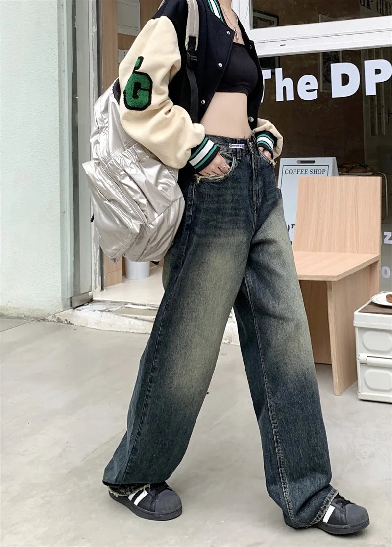 Women's New High-waisted Slimming Straight-leg Loose-fit Vintage American Style Casual Jeans Bell Bottoms For Women