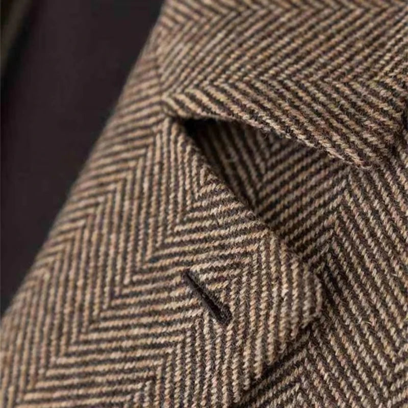 British Men's Blazers Vintage Herringbone Tweed Formal Jacket Wool Blend Double Breasted Casual Autumn Winter Suit Coat