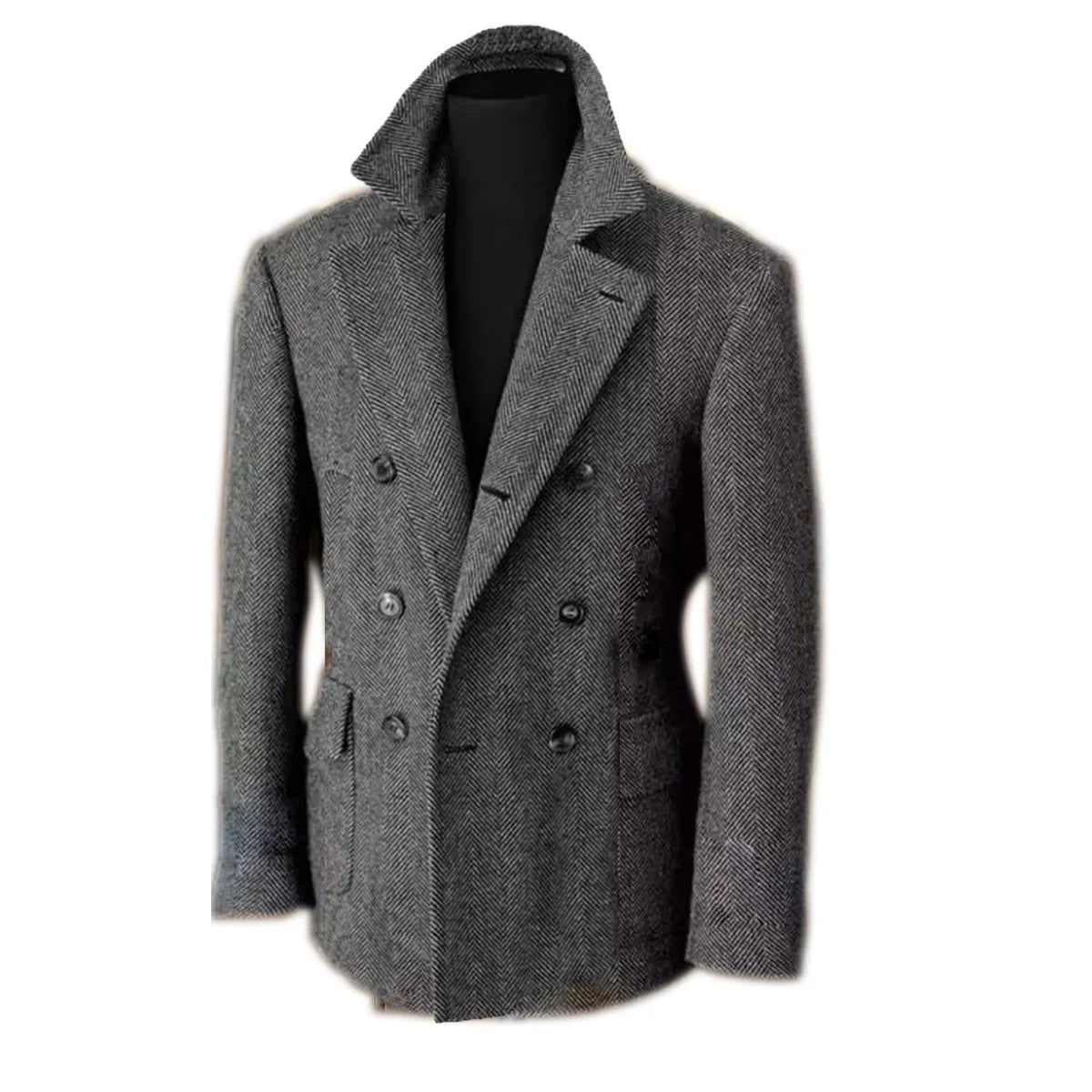 British Men's Blazers Vintage Herringbone Tweed Formal Jacket Wool Blend Double Breasted Casual Autumn Winter Suit Coat