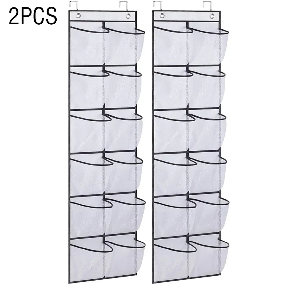 12 Pockets Over the Door Shoe Organizer Large Mesh Pockets With 2 Hooks Transparent Fabric Shoe Rack Storage Bag For Bedroom