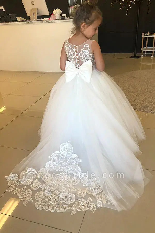 BABYONLINE Long Sleeve Flower Girl Dresses For Wedding Guest Kids Bridesmaid With Bow White Ivory Lace Tulle First Communion